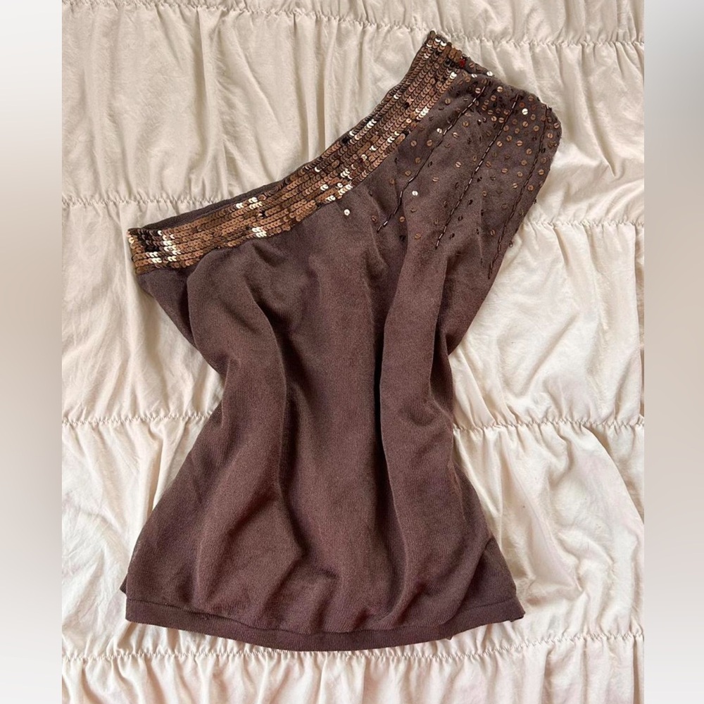 Brown One-Shoulder Sequin Top
